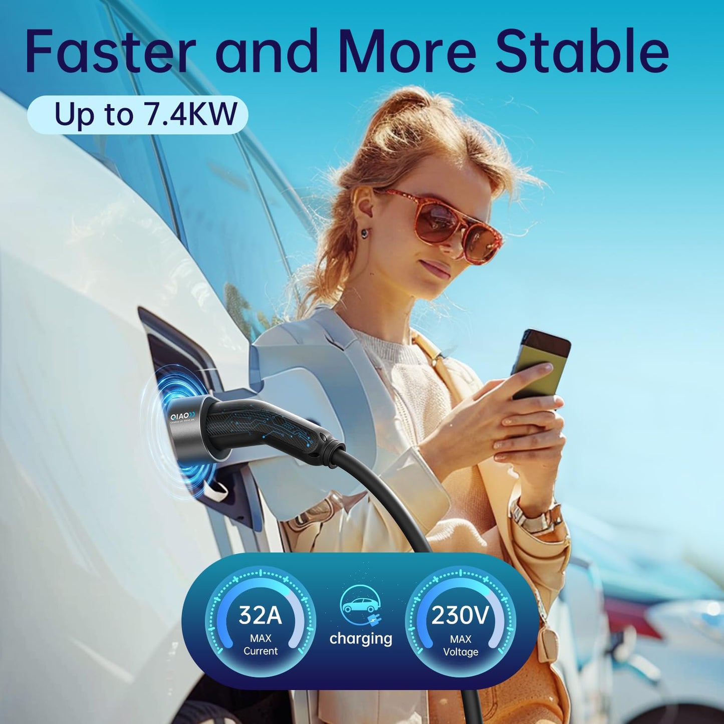 QIAO)) Type 2 EV Charging Cable, 7.4kW 7.5M 32A Single Phase, Electric Vehicle Type 2 to Type 2 IEC 62196 EV Charger Cable, EVs/Plug-in Hybrid Fast Car Charging Cable with Carry Bag