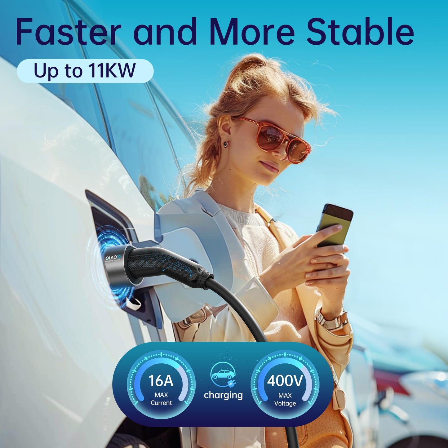 QIAO)) Type 2 EV Charging Cable, 7.4kW 7.5M 32A Single Phase, Electric Vehicle Type 2 to Type 2 IEC 62196 EV Charger Cable, EVs/Plug-in Hybrid Fast Car Charging Cable with Carry Bag