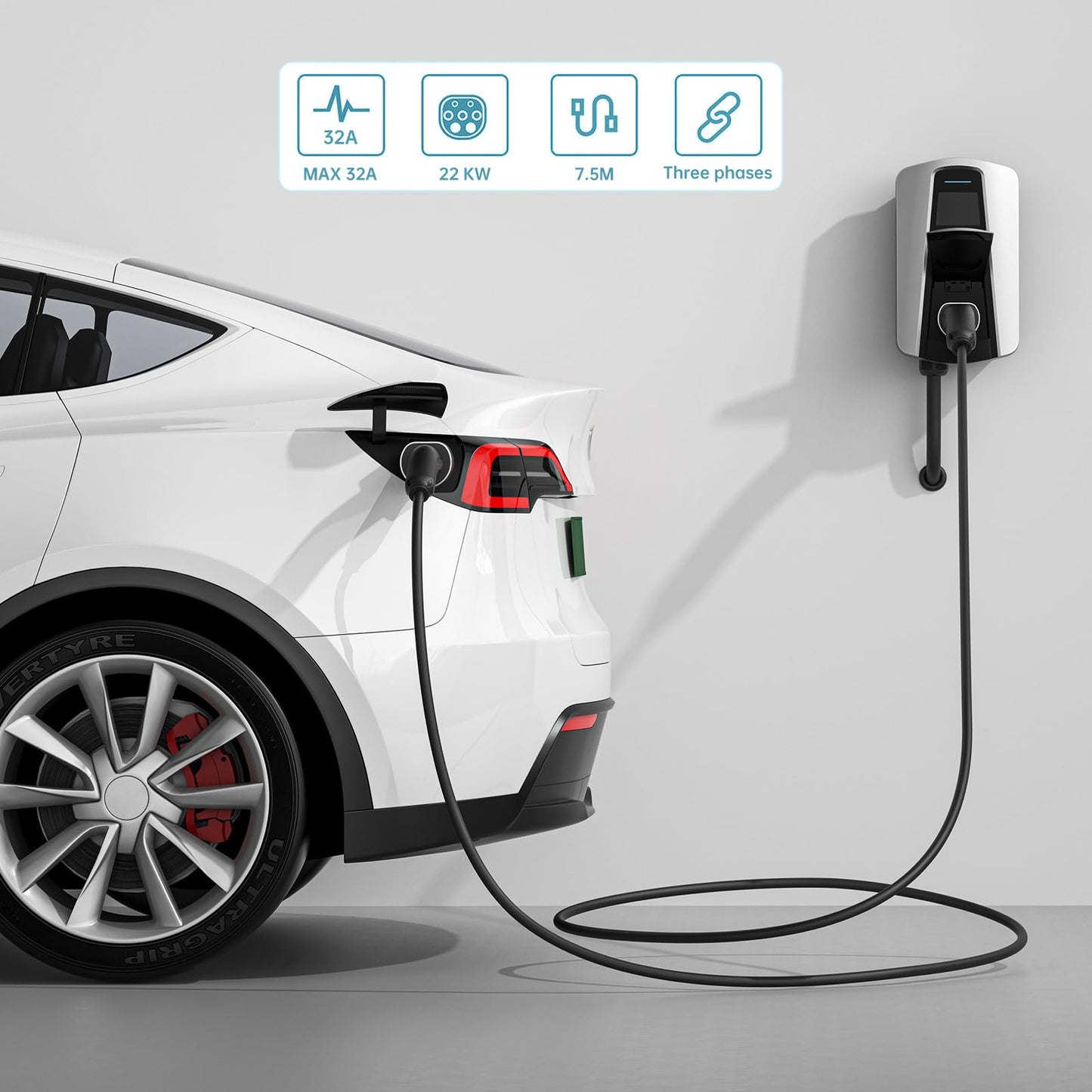 QIAO)) Type 2 EV Charging Cable, 7.4kW 7.5M 32A Single Phase, Electric Vehicle Type 2 to Type 2 IEC 62196 EV Charger Cable, EVs/Plug-in Hybrid Fast Car Charging Cable with Carry Bag