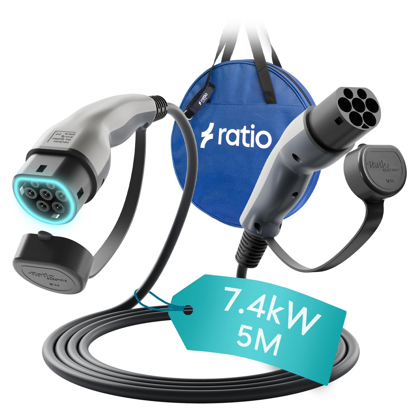 Ratio Type 2 EV Charging Cable, 32A | 7.4kW | 8 Metre | 1 Phase | Mode 3 | Type 2 to Type 2, Electric Vehicle Car Plug-in Fast Charging Cable for Model S/X/Y/3, 330e, i3, Kuga, Ionic, ZS, Kona & More