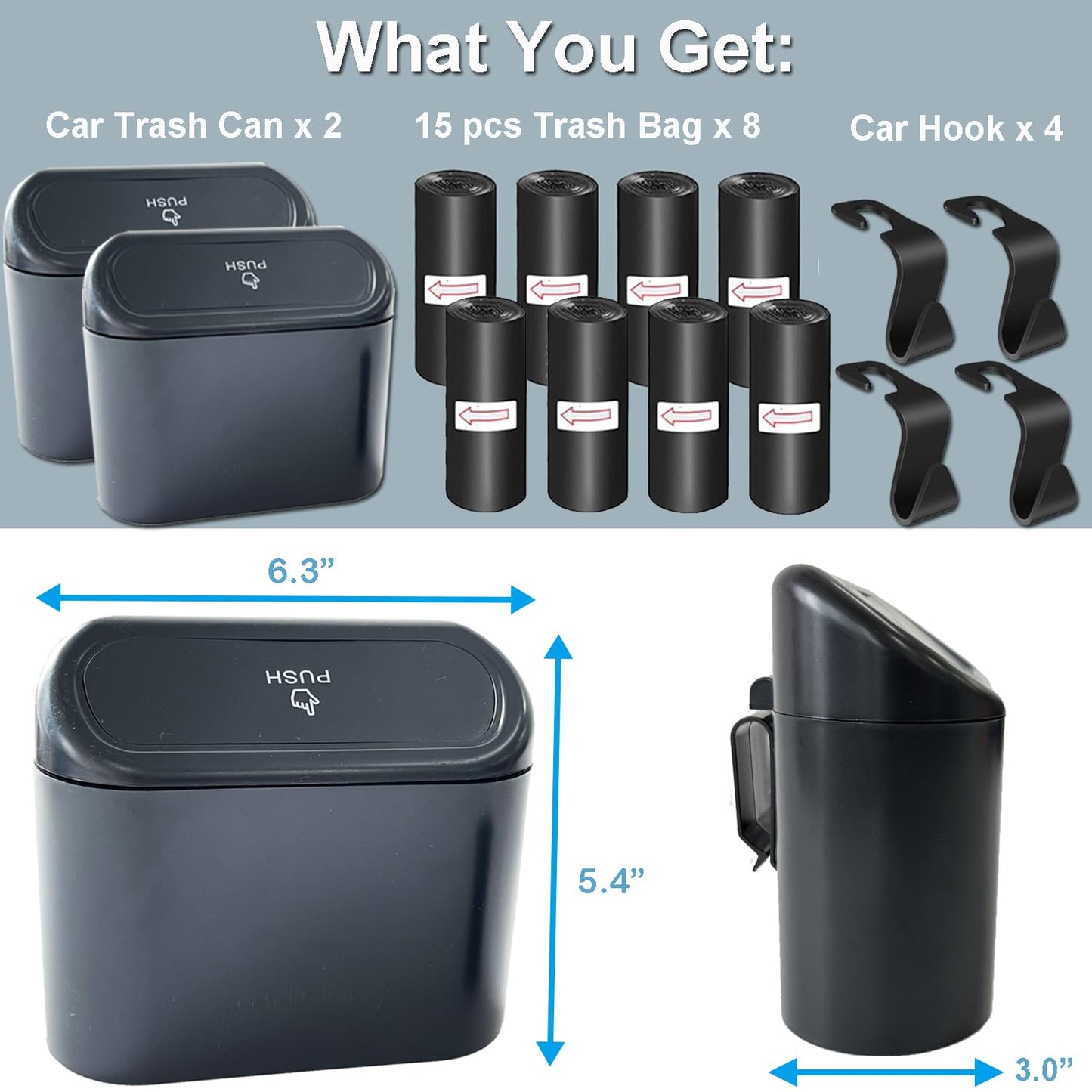 KITBEST Car Bin, 2 Pack Mini Car Trash Can Organizer with Lid and 120pcs Trash Bags & 4 Hooks. Small Garbage Rubbish Can Bag for Storage Organization, Front Back Seat Car Accessories Office Home