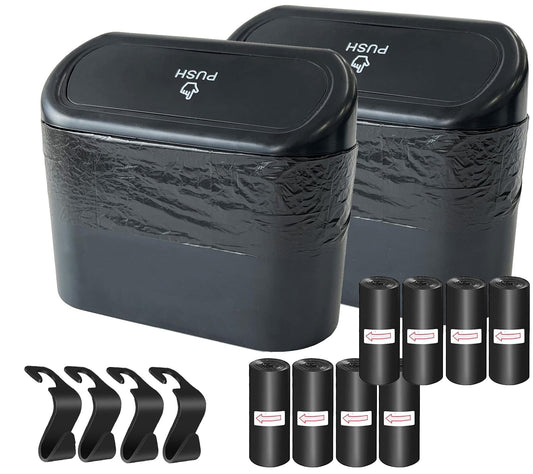 KITBEST Car Bin, 2 Pack Mini Car Trash Can Organizer with Lid and 120pcs Trash Bags & 4 Hooks. Small Garbage Rubbish Can Bag for Storage Organization, Front Back Seat Car Accessories Office Home