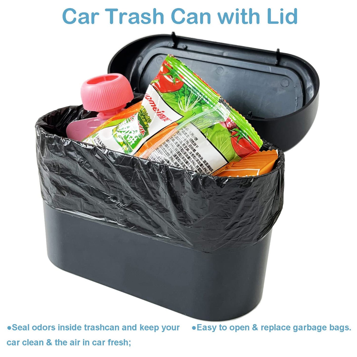 KITBEST Car Bin, 2 Pack Mini Car Trash Can Organizer with Lid and 120pcs Trash Bags & 4 Hooks. Small Garbage Rubbish Can Bag for Storage Organization, Front Back Seat Car Accessories Office Home