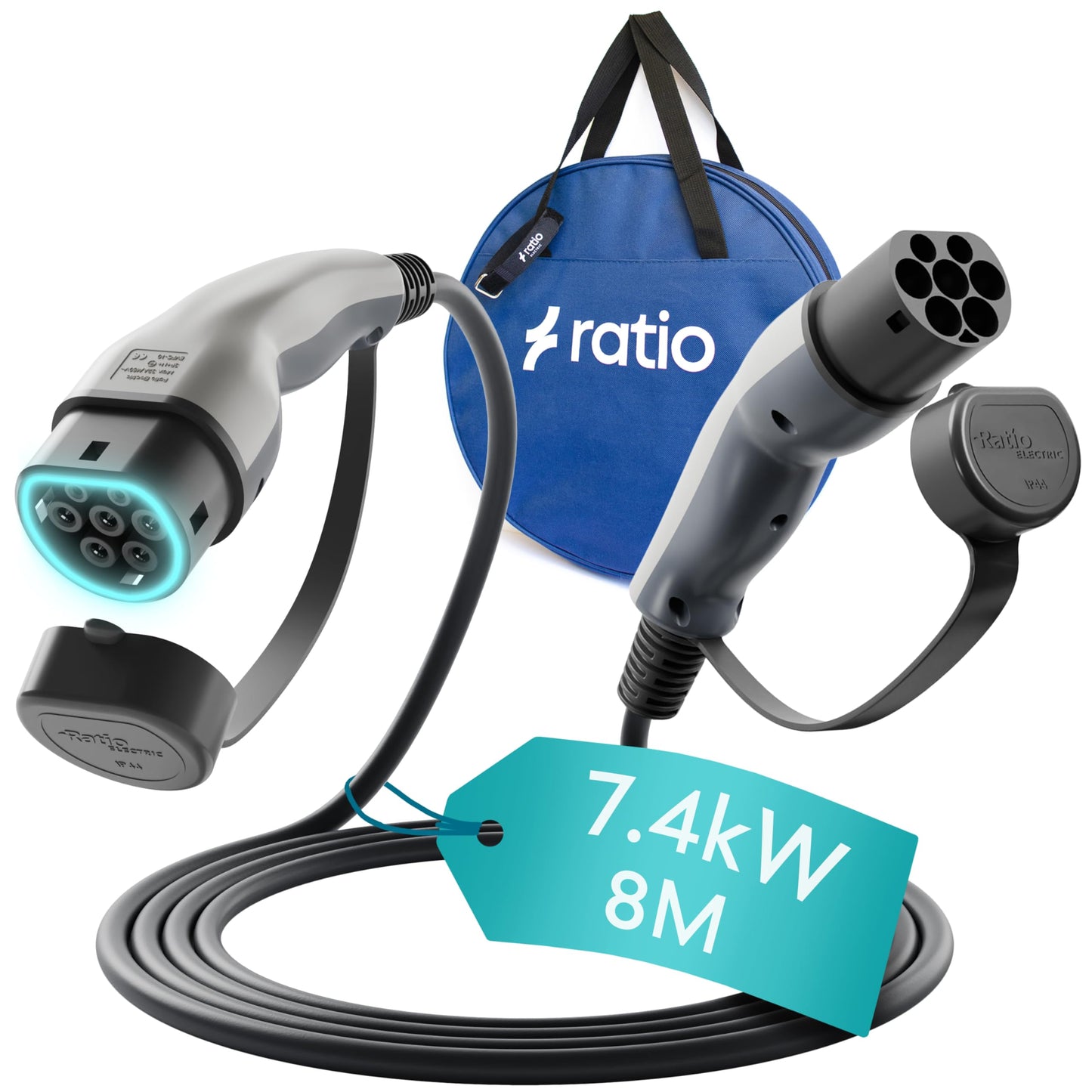 Ratio Type 2 EV Charging Cable, 32A | 7.4kW | 8 Metre | 1 Phase | Mode 3 | Type 2 to Type 2, Electric Vehicle Car Plug-in Fast Charging Cable for Model S/X/Y/3, 330e, i3, Kuga, Ionic, ZS, Kona & More