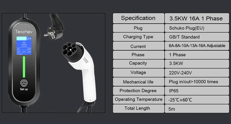 Teschev 110V 230V GBT EV Charger Electric Vehicle Charger Level 2 EVSE Charging Cable Wallbox Type 2 16A Car Charger