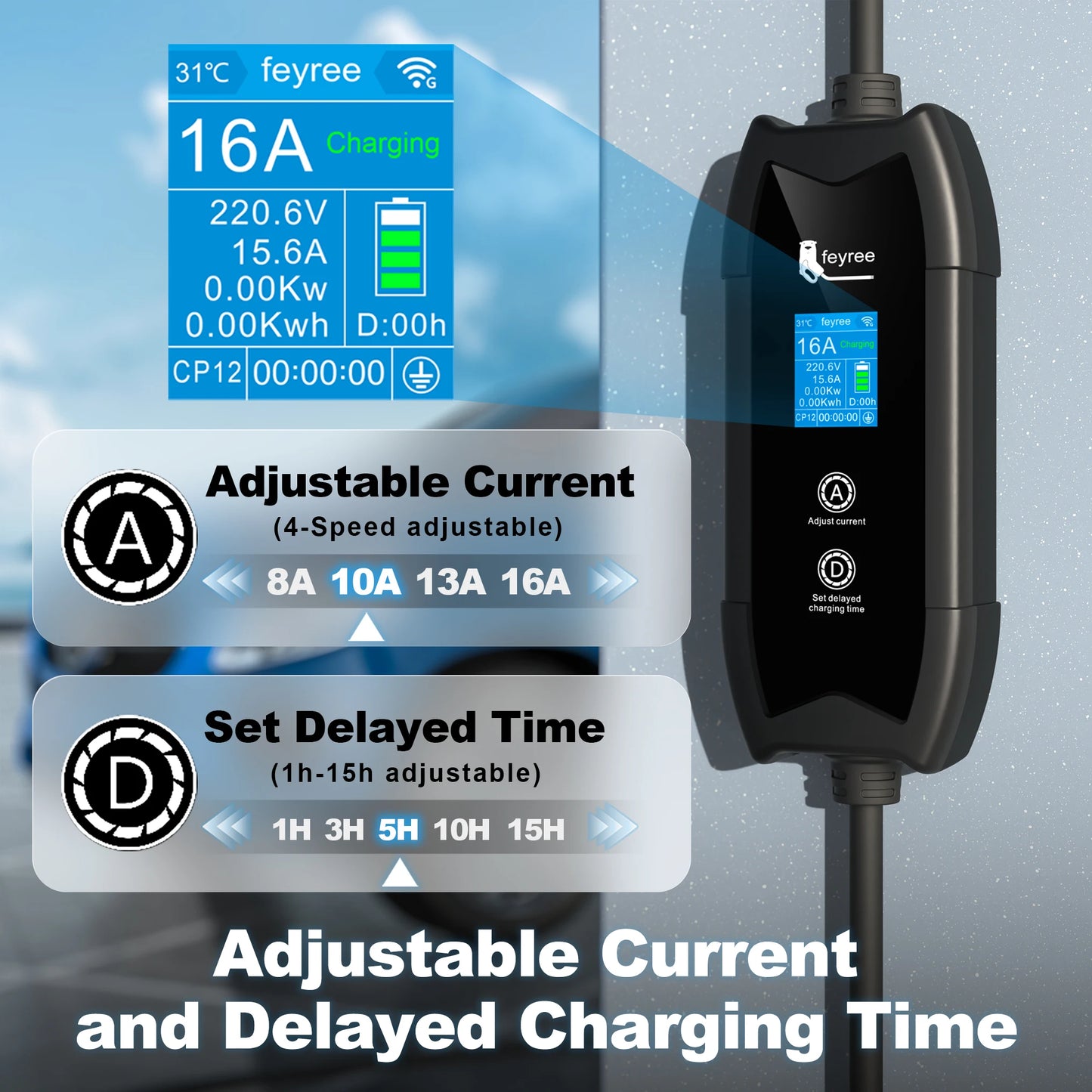 feyree Type1 Portable EV Charger 5m Cable with WIFI APP Control 16A 3.5KW Set Charging&DelayTime for EV Cars,Plug customizable