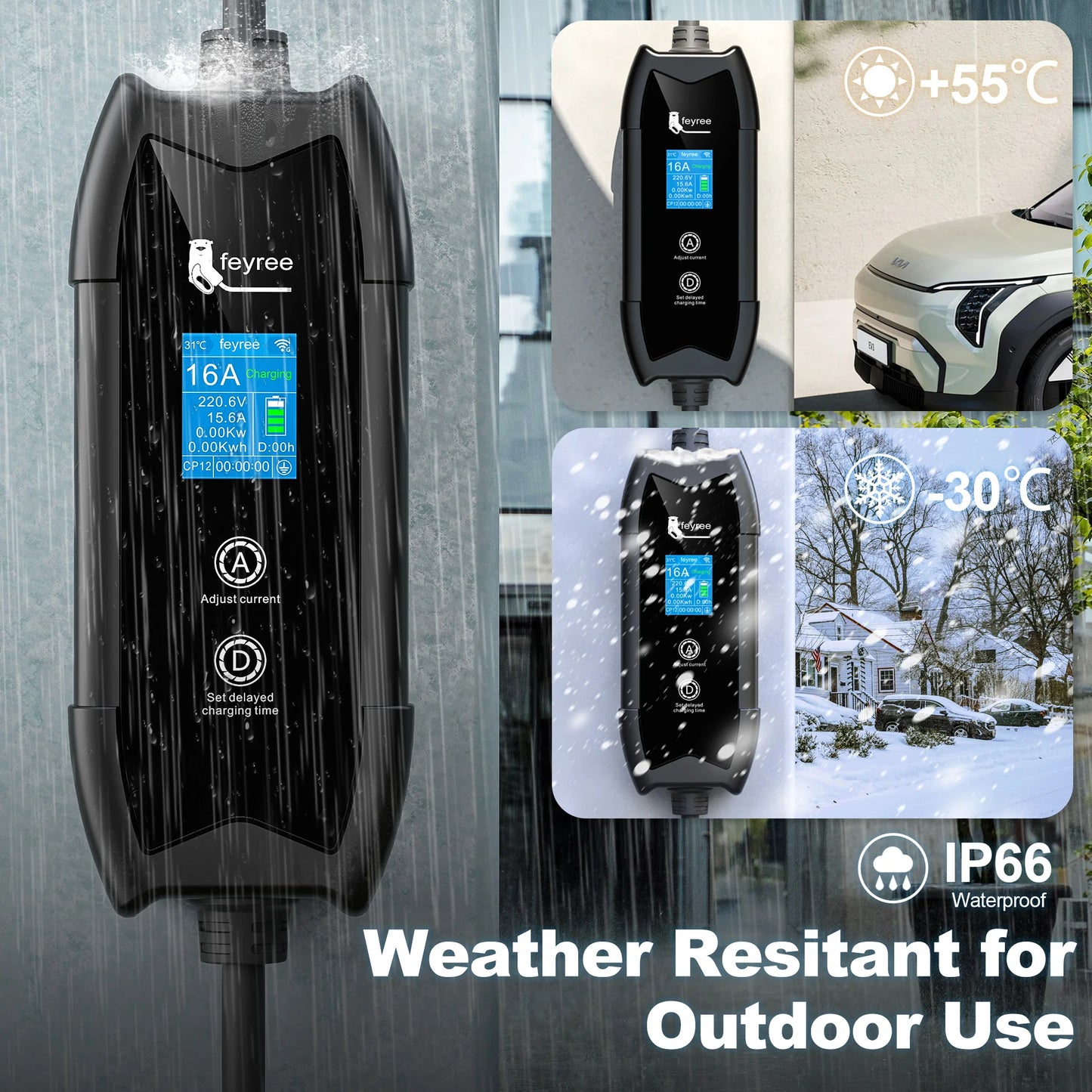 feyree Type1 Portable EV Charger 5m Cable with WIFI APP Control 16A 3.5KW Set Charging&DelayTime for EV Cars,Plug customizable