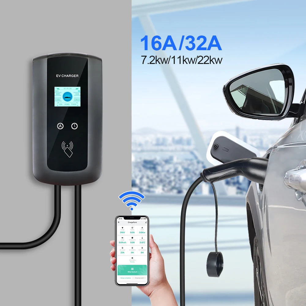 Kolanky 32A 7.2/22KW EV Charging Station Wallbox Electric Vehicle Charger EVSE Type2 Cable IEC62196-2 Tuya APP Control