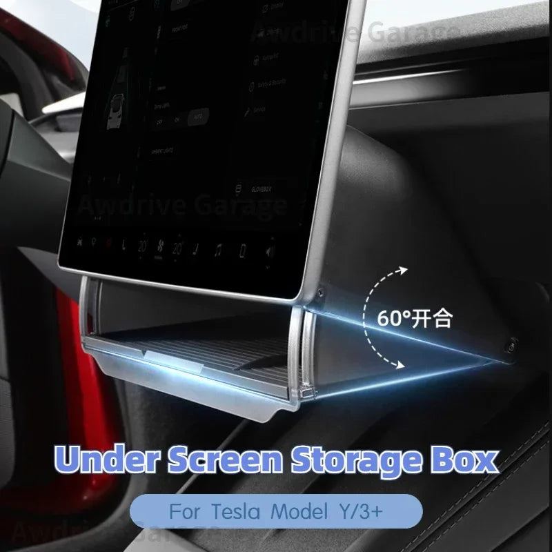 Under Screen Storage Box for Tesla Model Y/3+ Highland 2024 Central Control Hidden Storage Box Organizer Tray Car Accessories