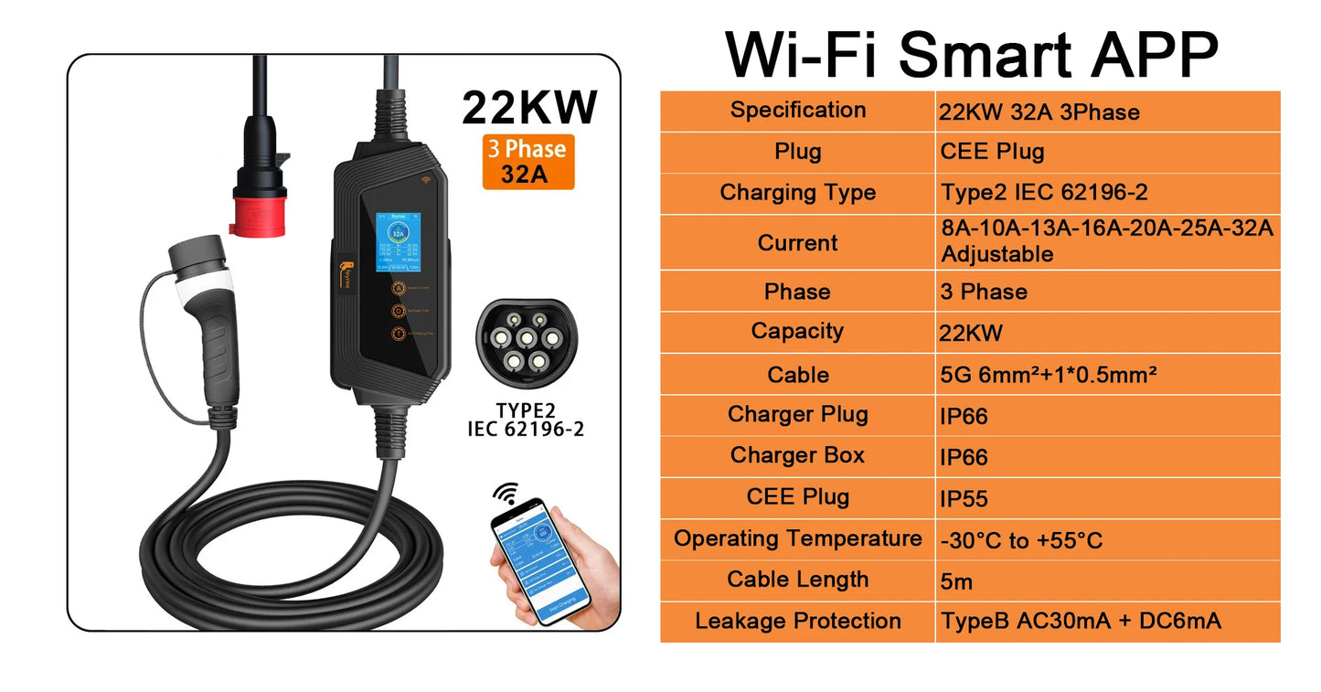 feyree EVSE Wallbox Type2 Cable EV Car Chager 7KW 11KW 22KW Electric Vehicle Charging Station with APP WIFI Control IEC62196-2