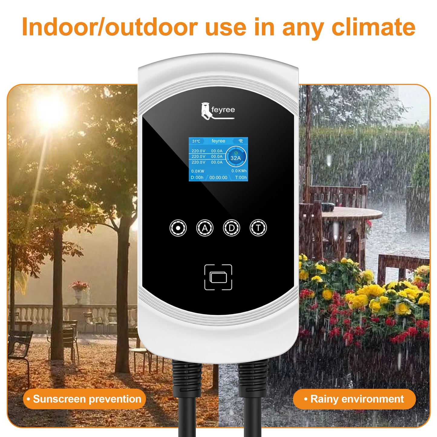 feyree EV Charger 32A 7.6KW Type2 Cable Car Charger EVSE Wallbox 11KW 22KW 3Phase IEC62196-2 Socket APP Control for Electric Car