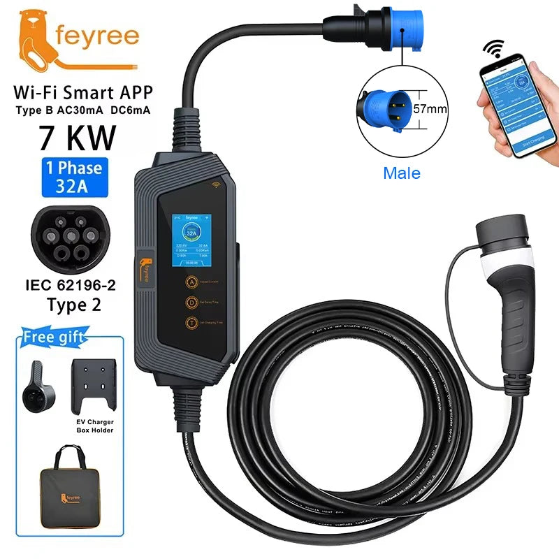 feyree EVSE Wallbox Type2 Cable EV Car Chager 7KW 11KW 22KW Electric Vehicle Charging Station with APP WIFI Control IEC62196-2