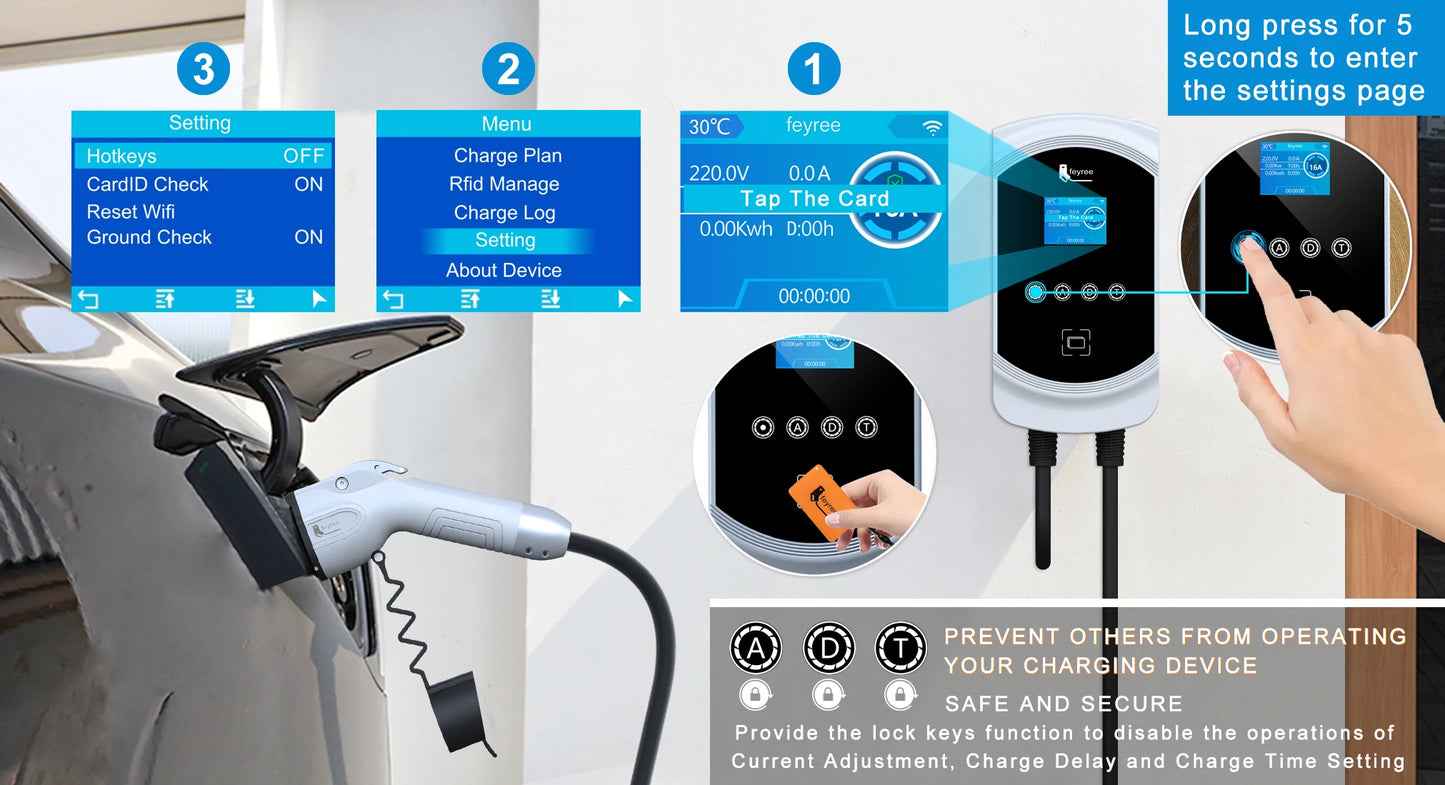 feyree EV Charger Type1 Cable j1772 Socket 32A 40A 50A Single Phase EVSE Wallbox Charging Station APP Control for Electric Car