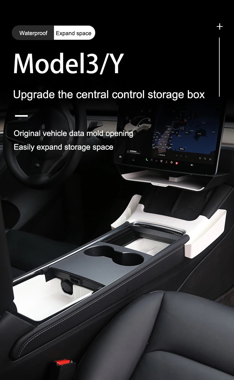 White Storage Box for Tesla Model 3 Y TPE+ABS Double Layered Dashboard Screen Armrest Central Control Boxes Interior Accessories
