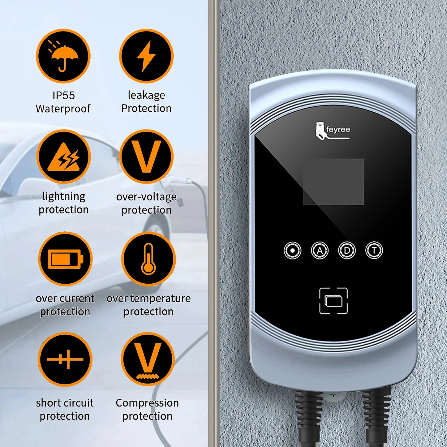 feyree EV Charger Type1 Cable j1772 Socket 32A 40A 50A Single Phase EVSE Wallbox Charging Station APP Control for Electric Car