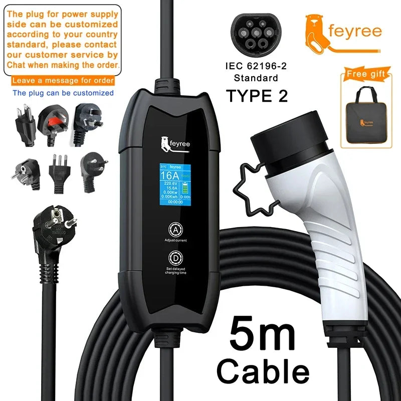 feyree EV Charger Type2 16A 3.5kW Portable Charging Box 5M Cable GBT Socket Type1 J1772 Adapter for Electric Vehicle Car Charger
