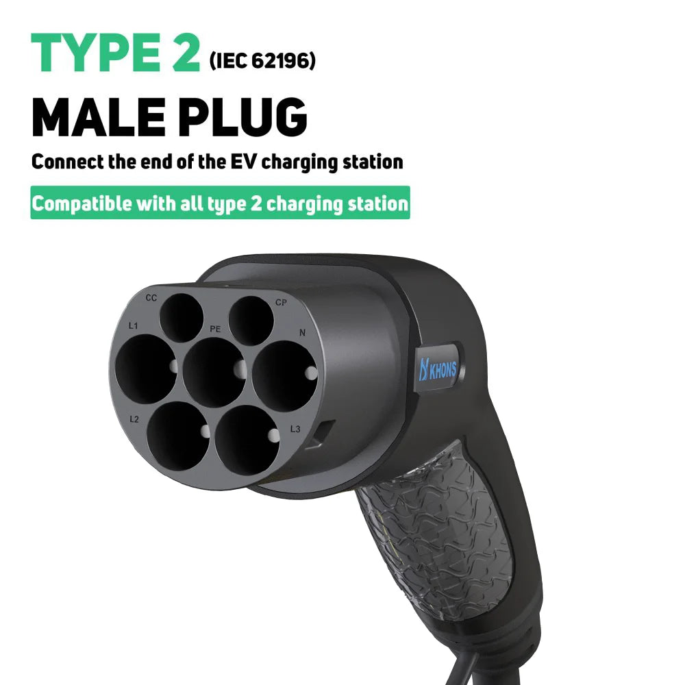 Khons Type2 To Type2 Ev Charging Cable 3Phase 32A Female To Male Plug 5M Cable 22kw IEC62196-2  EVES Charging Stations