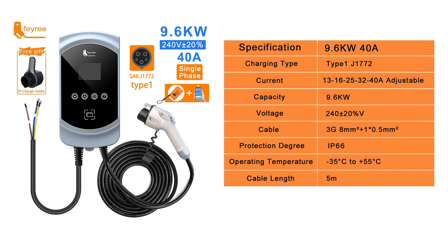 feyree EV Charger Type1 Cable j1772 Socket 32A 40A 50A Single Phase EVSE Wallbox Charging Station APP Control for Electric Car