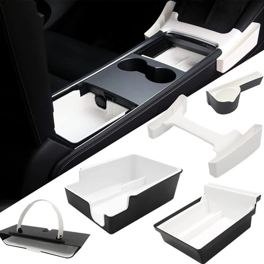 White Storage Box for Tesla Model 3 Y TPE+ABS Double Layered Dashboard Screen Armrest Central Control Boxes Interior Accessories