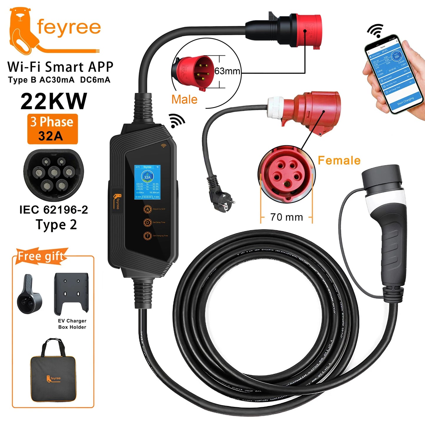feyree EVSE Wallbox Type2 Cable EV Car Chager 7KW 11KW 22KW Electric Vehicle Charging Station with APP WIFI Control IEC62196-2