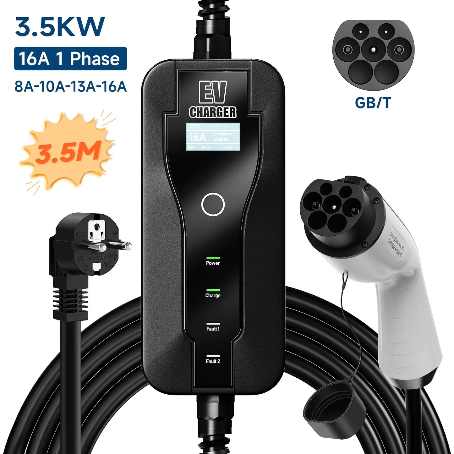 3.5W 16A Portable EV Charger GBT EVSE Charging Box EU Plug Controller Wallbox for Electric Car Fast Charging Current Adjustable