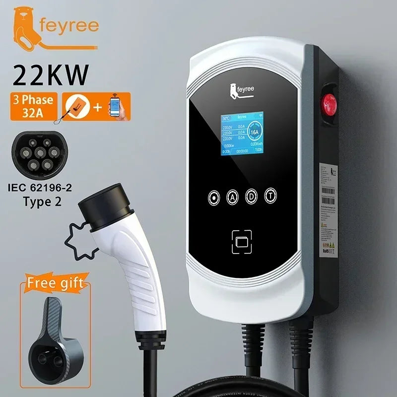 feyree EV Charger 32A 7.6KW Type2 Cable Car Charger EVSE Wallbox 11KW 22KW 3Phase IEC62196-2 Socket APP Control for Electric Car