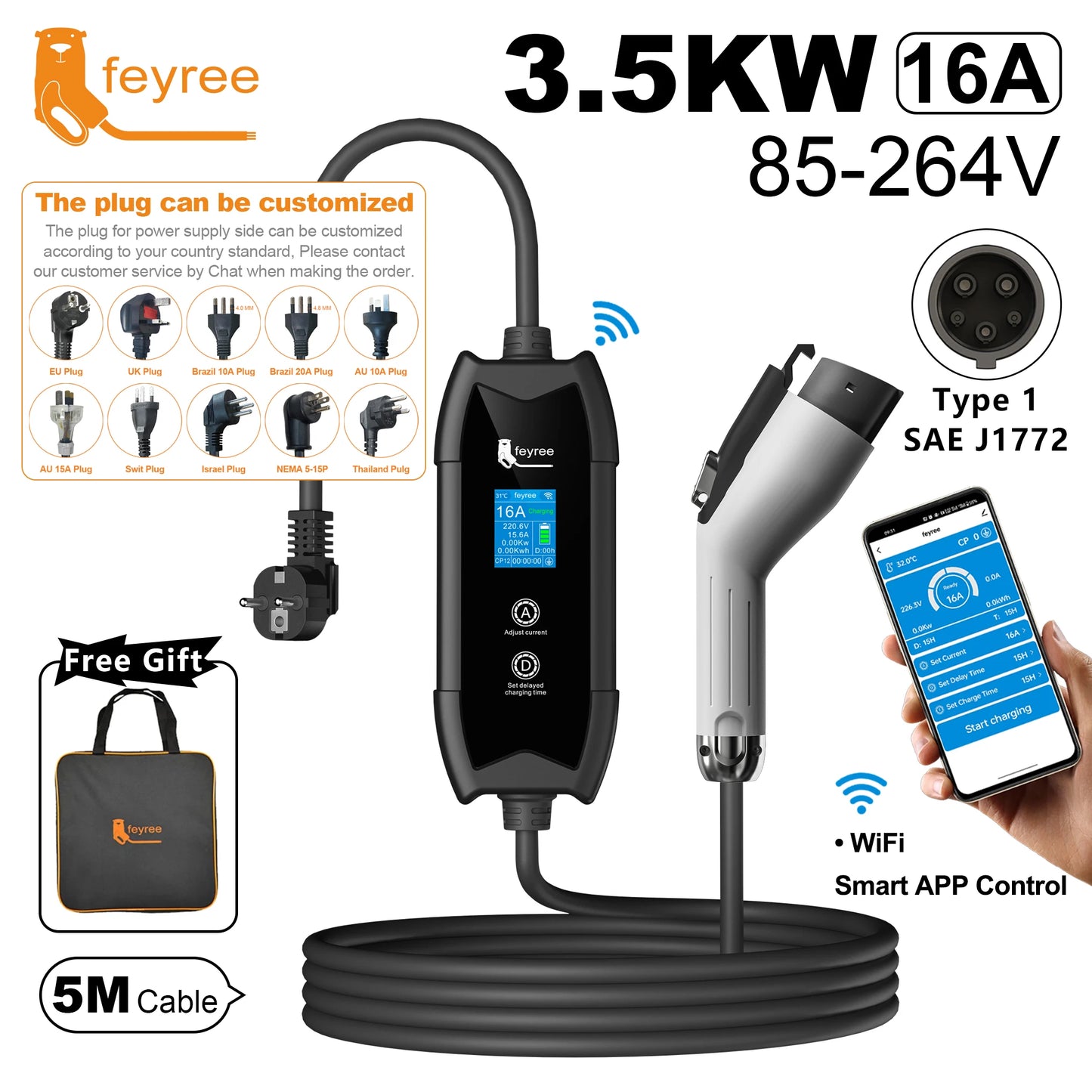 feyree Type1 Portable EV Charger 5m Cable with WIFI APP Control 16A 3.5KW Set Charging&DelayTime for EV Cars,Plug customizable