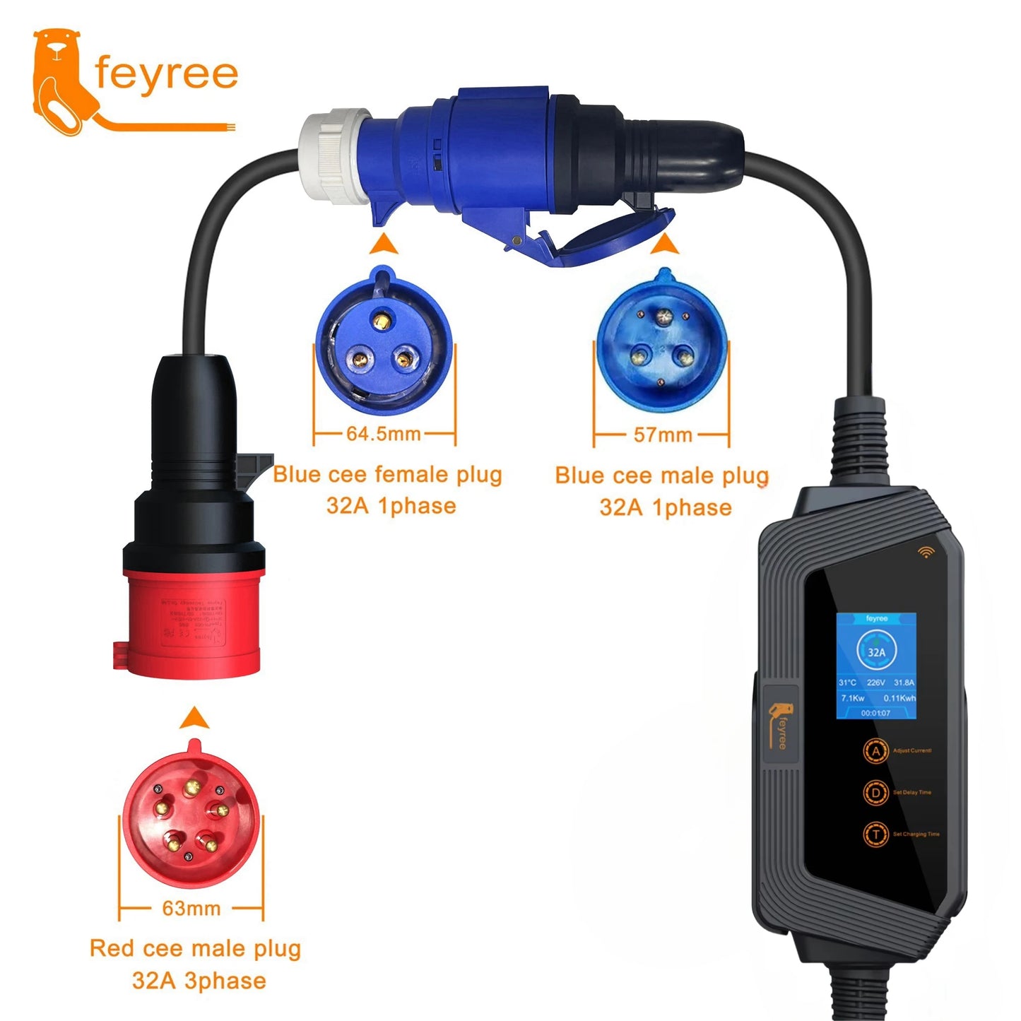 feyree EVSE Wallbox Type2 Cable EV Car Chager 7KW 11KW 22KW Electric Vehicle Charging Station with APP WIFI Control IEC62196-2