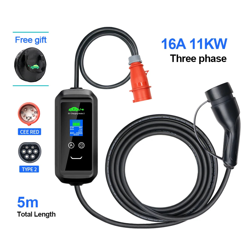 Portable 11KW 16A EV Portable Charger Type2 IEC62196-2 EVSE Charging Box Electric Vehicle PHEV Cars Charger CEE Plug 5M Cable
