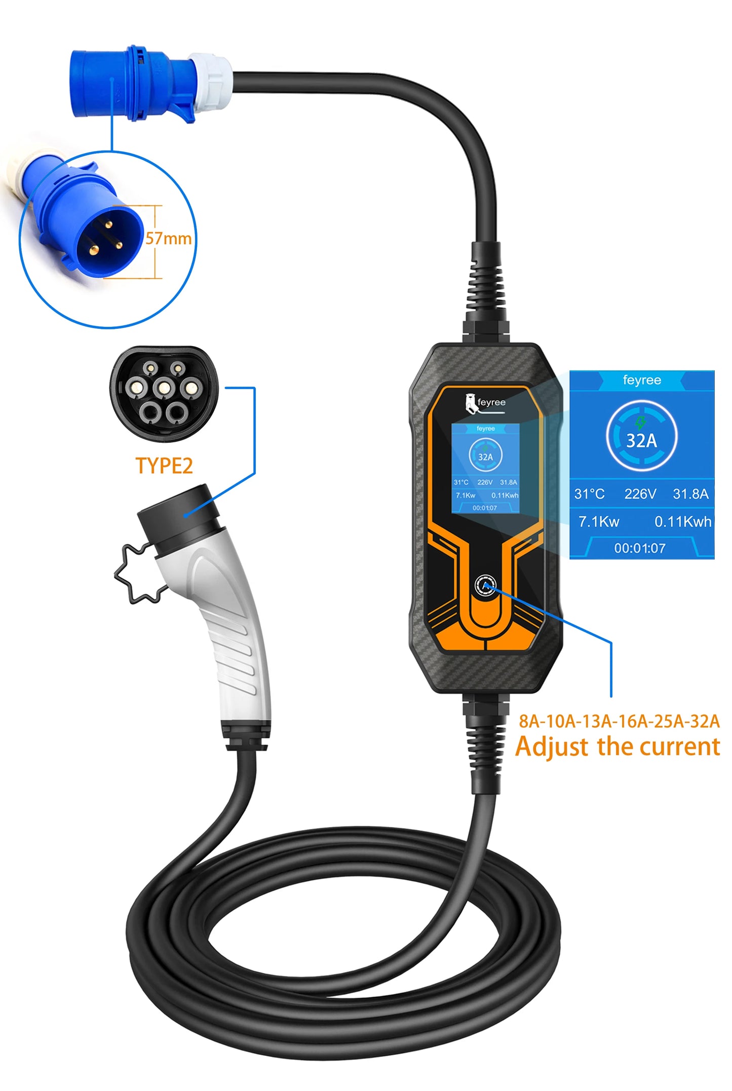 feyree Portable EV Charger Wallbox Type2 Cable 32A 7KW with CEE Plug EVSE Type1 Charging Box j1772 Adapter for Electric Vehicle