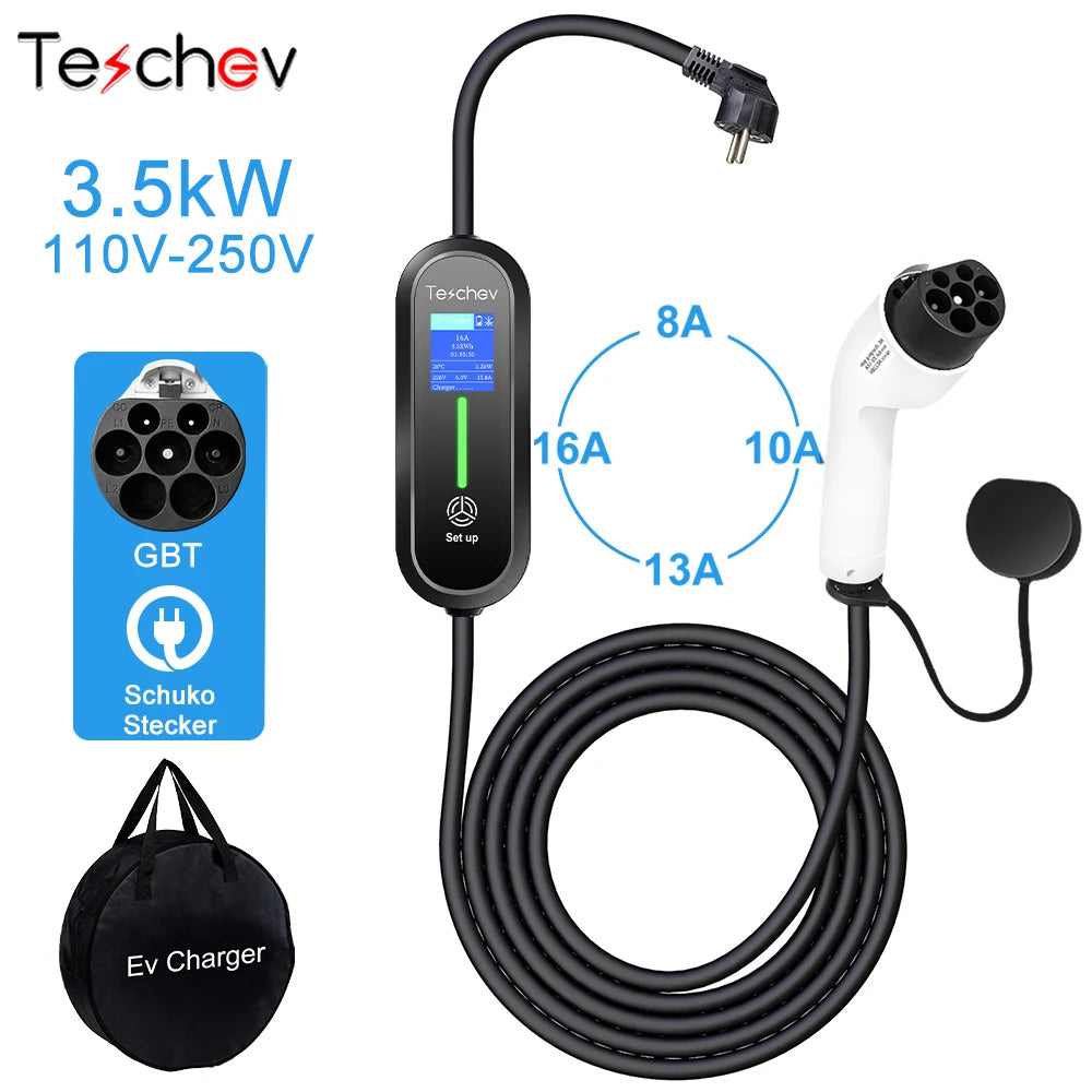 Teschev 110V 230V GBT EV Charger Electric Vehicle Charger Level 2 EVSE Charging Cable Wallbox Type 2 16A Car Charger