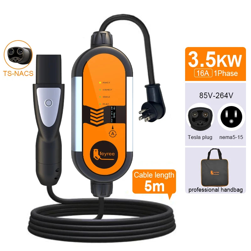 feyree Portable EV Charger 3.5KW 16A TS-NACS Charger Plug Charging Box Adjustable Current Fast Charging Compatible for Tesla Car