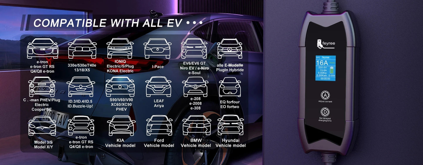 feyree EV Charger Type2 16A 3.5kW Portable Charging Box 5M Cable GBT Socket Type1 J1772 Adapter for Electric Vehicle Car Charger