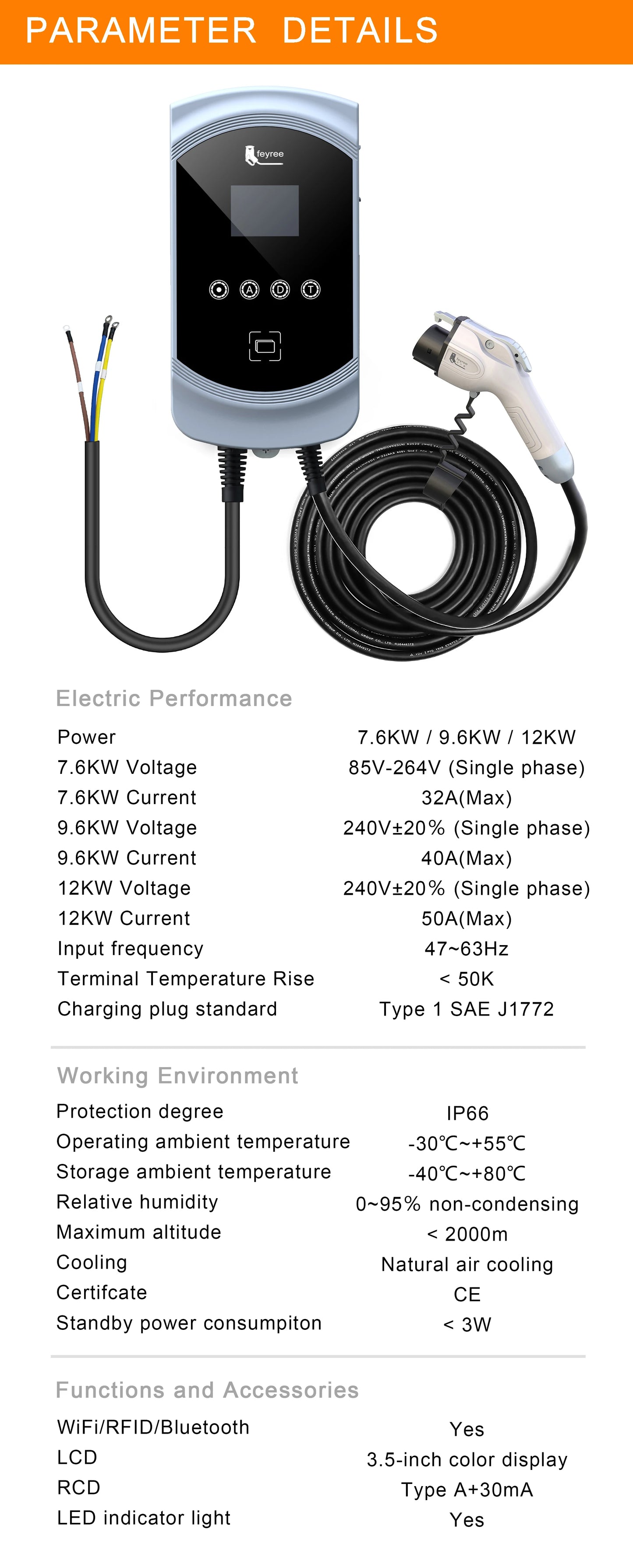 feyree EV Charger Type1 Cable j1772 Socket 32A 40A 50A Single Phase EVSE Wallbox Charging Station APP Control for Electric Car