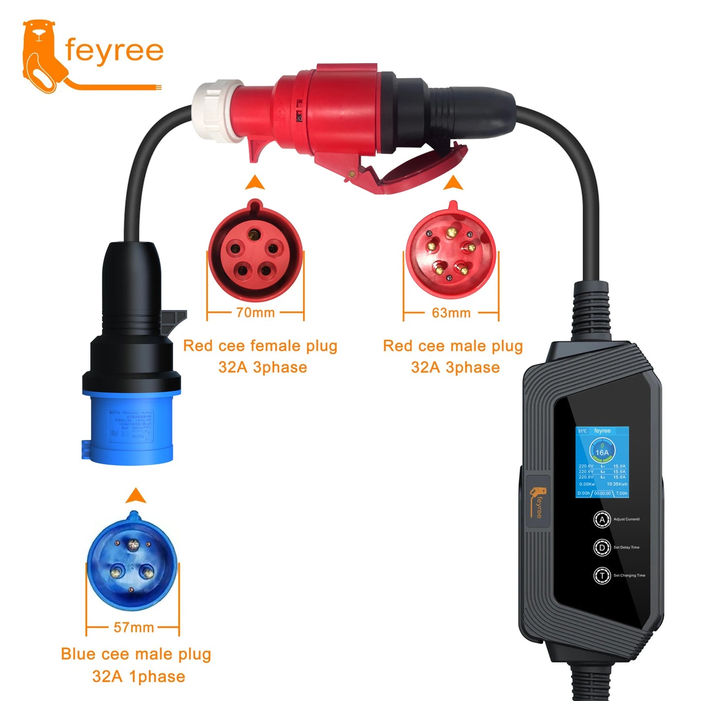feyree EVSE Wallbox Type2 Cable EV Car Chager 7KW 11KW 22KW Electric Vehicle Charging Station with APP WIFI Control IEC62196-2