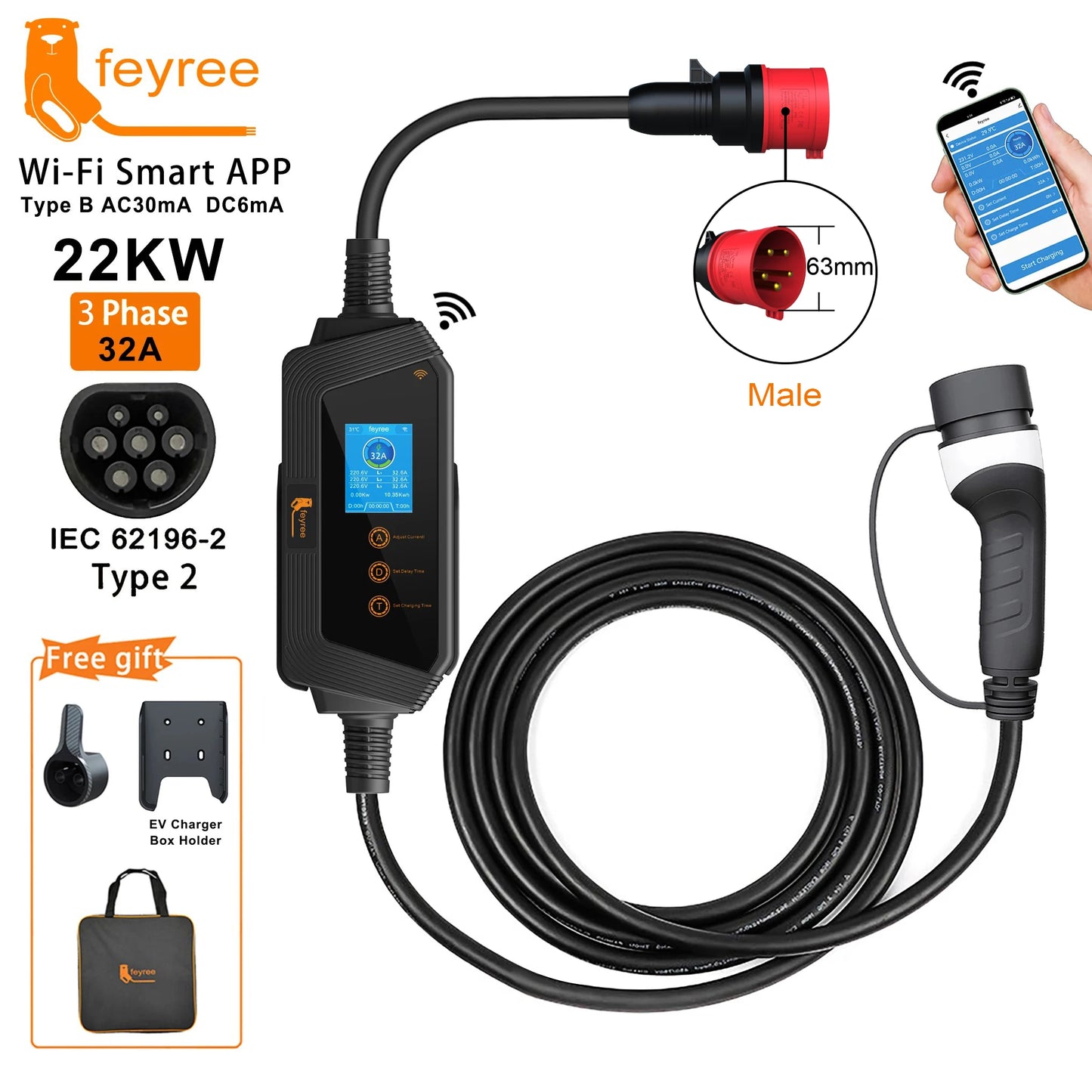 feyree EVSE Wallbox Type2 Cable EV Car Chager 7KW 11KW 22KW Electric Vehicle Charging Station with APP WIFI Control IEC62196-2