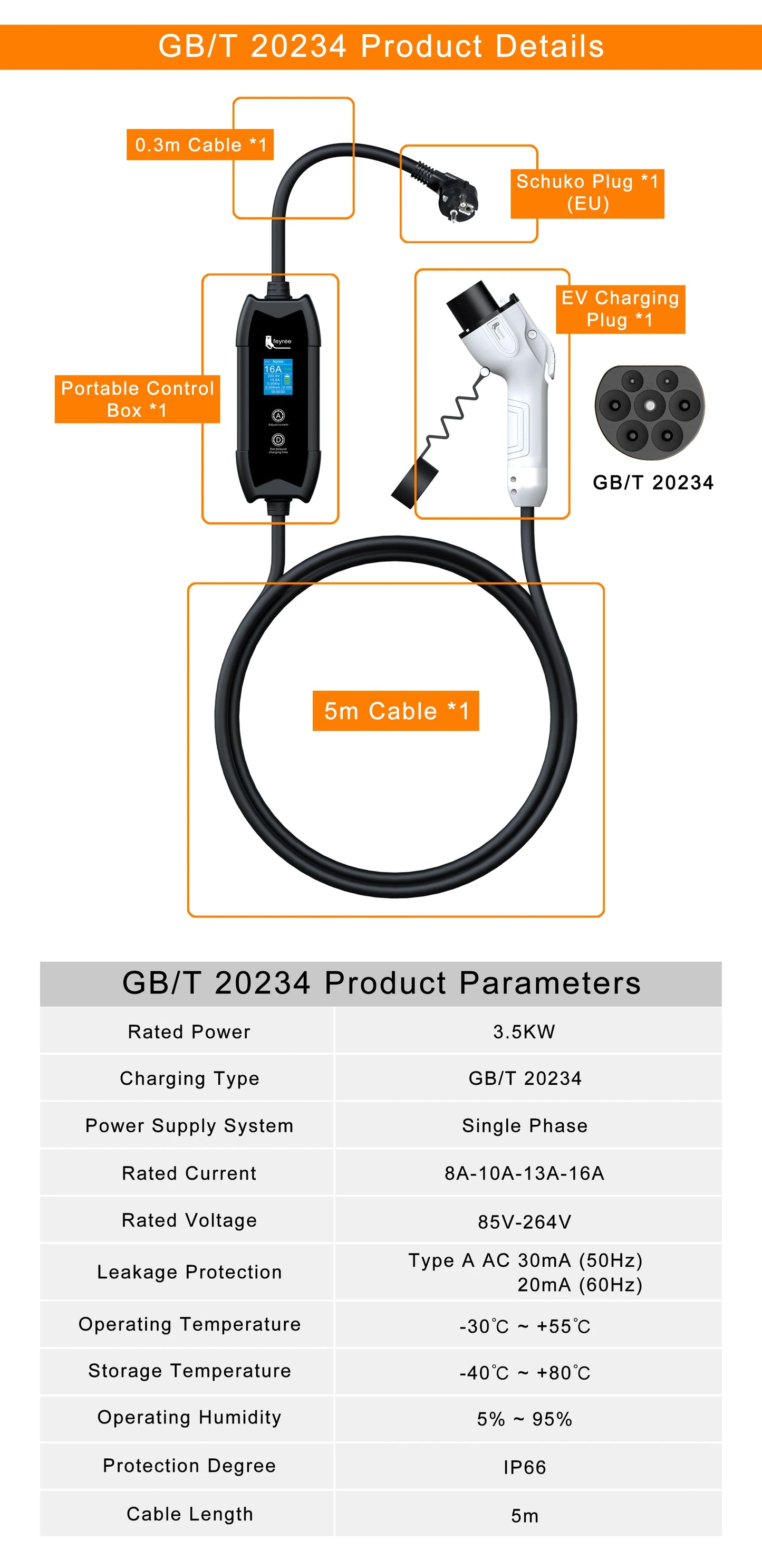 feyree EV Charger Type2 16A 3.5kW Portable Charging Box 5M Cable GBT Socket Type1 J1772 Adapter for Electric Vehicle Car Charger