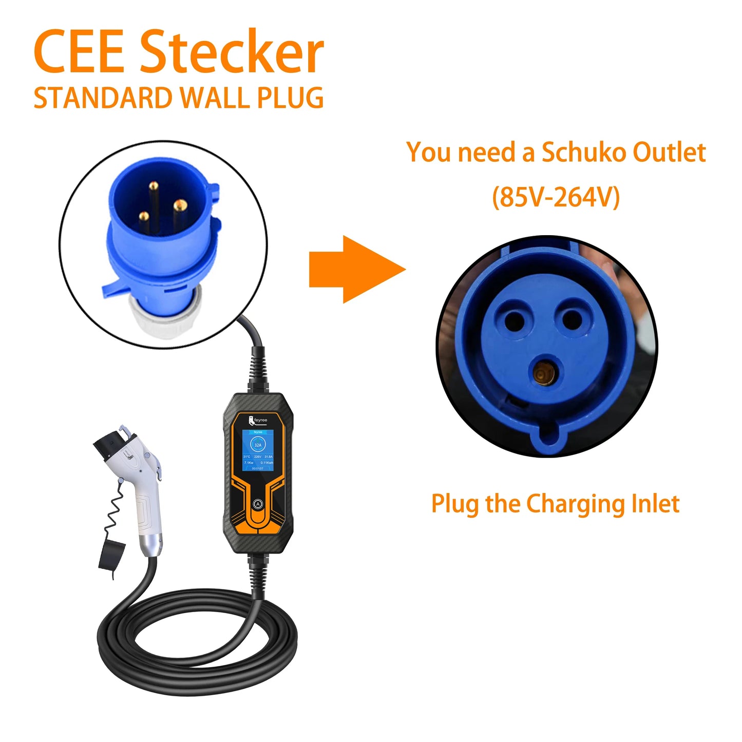 feyree Portable EV Charger Wallbox Type2 Cable 32A 7KW with CEE Plug EVSE Type1 Charging Box j1772 Adapter for Electric Vehicle