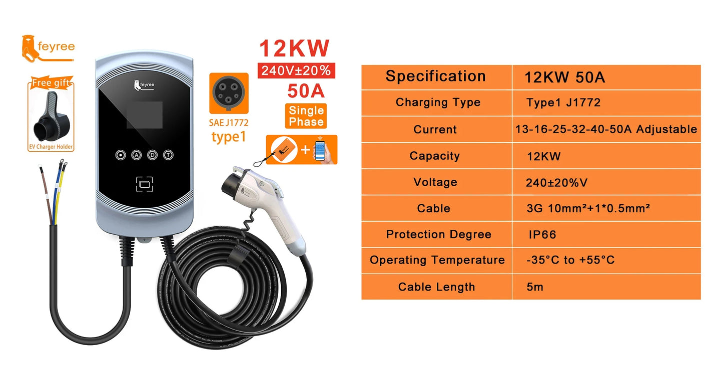 feyree EV Charger Type1 Cable j1772 Socket 32A 40A 50A Single Phase EVSE Wallbox Charging Station APP Control for Electric Car