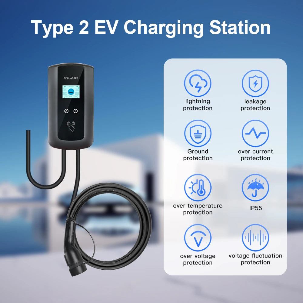 Kolanky 32A 7.2/22KW EV Charging Station Wallbox Electric Vehicle Charger EVSE Type2 Cable IEC62196-2 Tuya APP Control