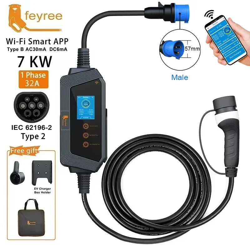feyree EVSE Wallbox Type2 Cable EV Car Chager 7KW 11KW 22KW Electric Vehicle Charging Station with APP WIFI Control IEC62196-2