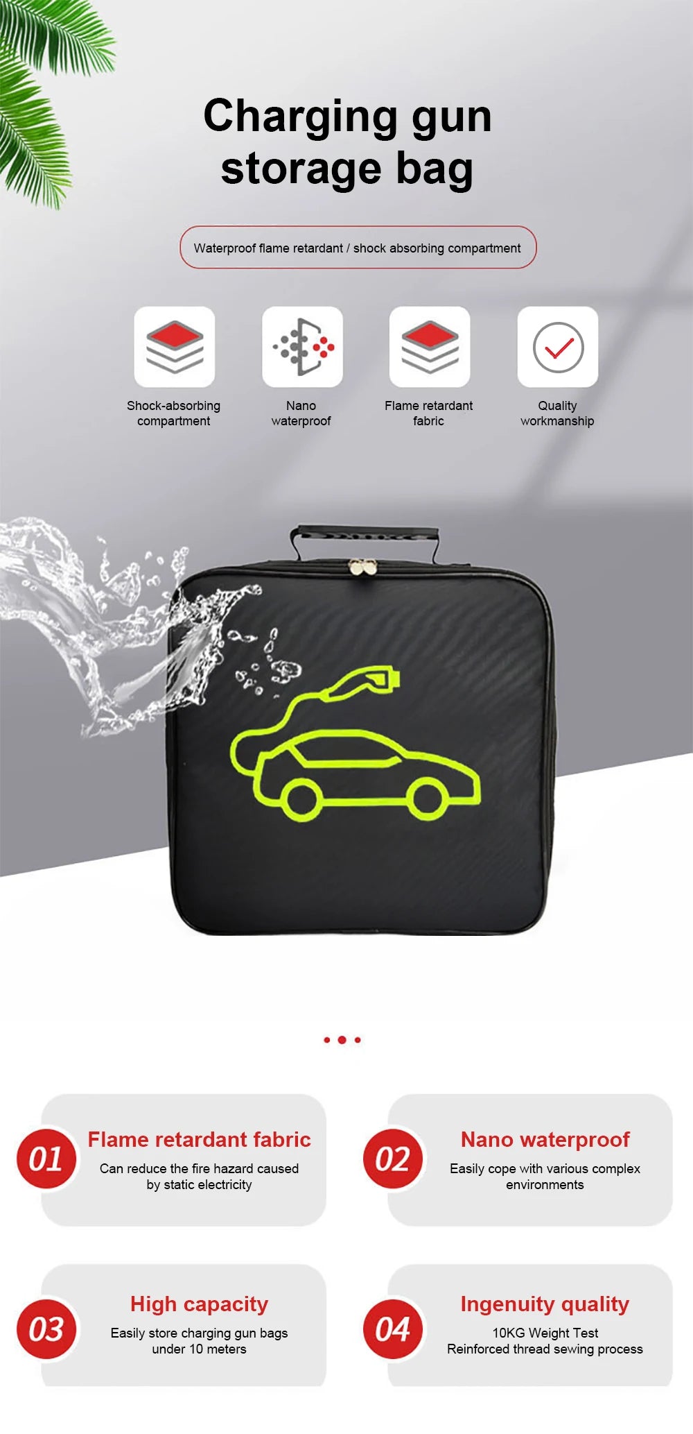 EV Car Charging Cable Storage Carry Bag For Electric Vehicle Charger Plugs Sockets Waterproof Fire Retardant Equipment Container