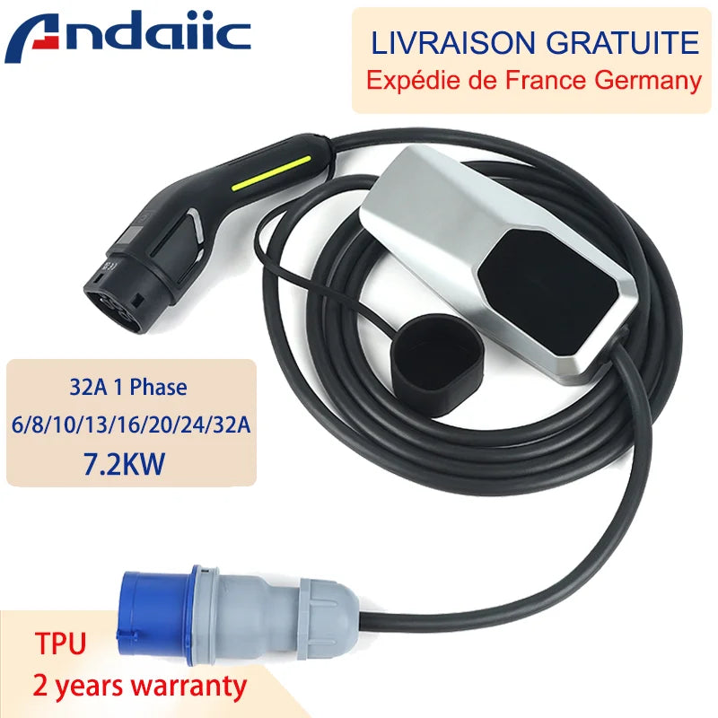 Type 2 EV Charger 3.5KW 7KW 11KW 16A/32A 1 phase 3 phase  EVSE Charging Cable Mode 2 for Electric Car