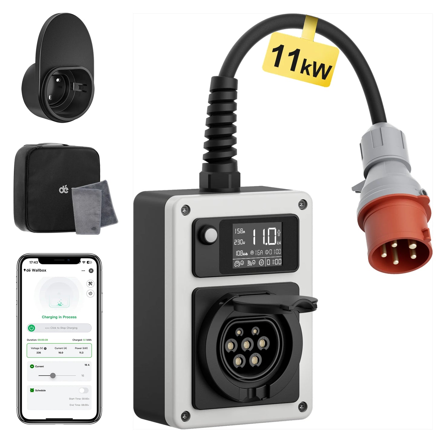 dé Wallbox with App 11kW 22kW CEE to Type 2 Socket EV Charger 16A 32A 3Phase RFID Control Electric Vehicle Charger