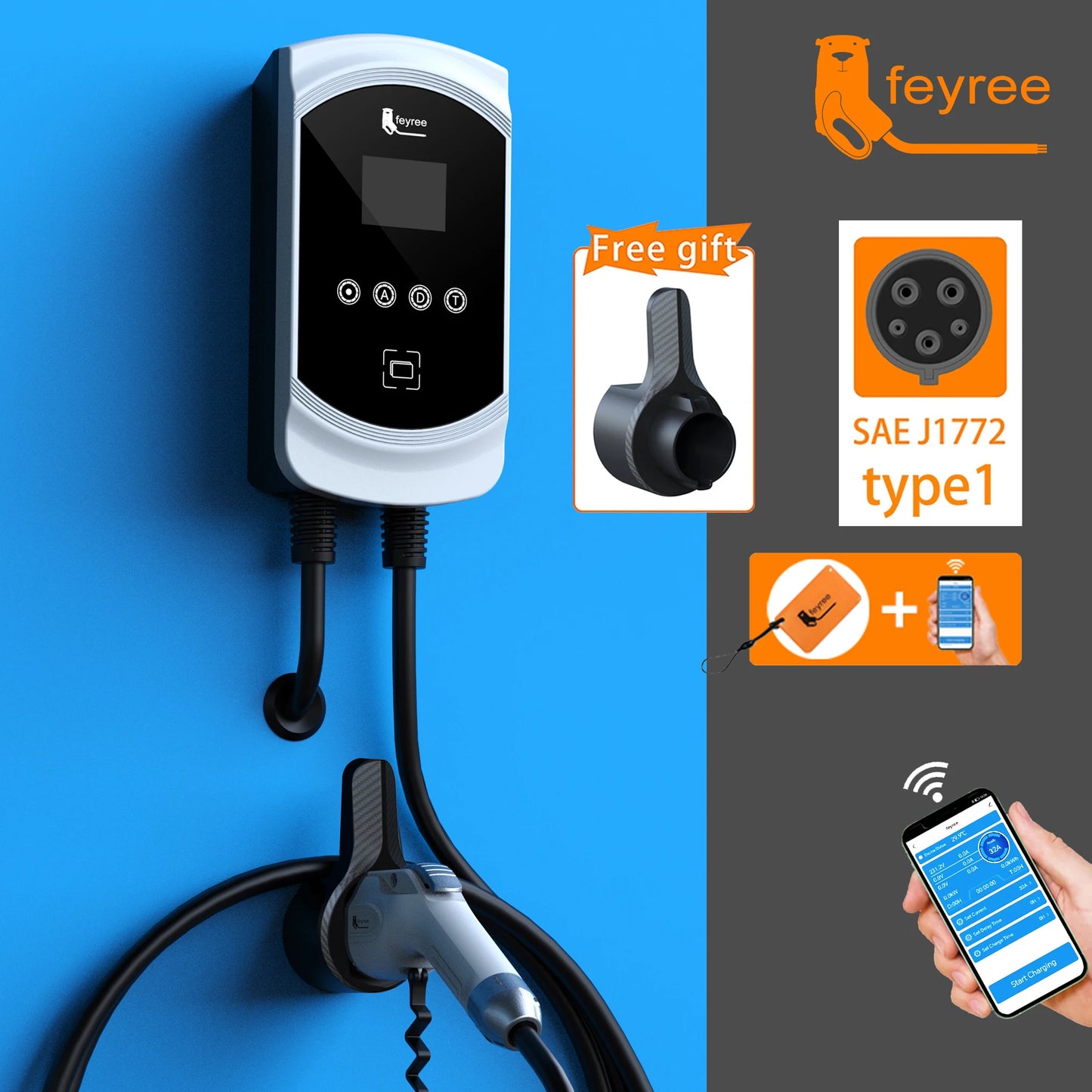 feyree EV Charger Type1 Cable j1772 Socket 32A 40A 50A Single Phase EVSE Wallbox Charging Station APP Control for Electric Car