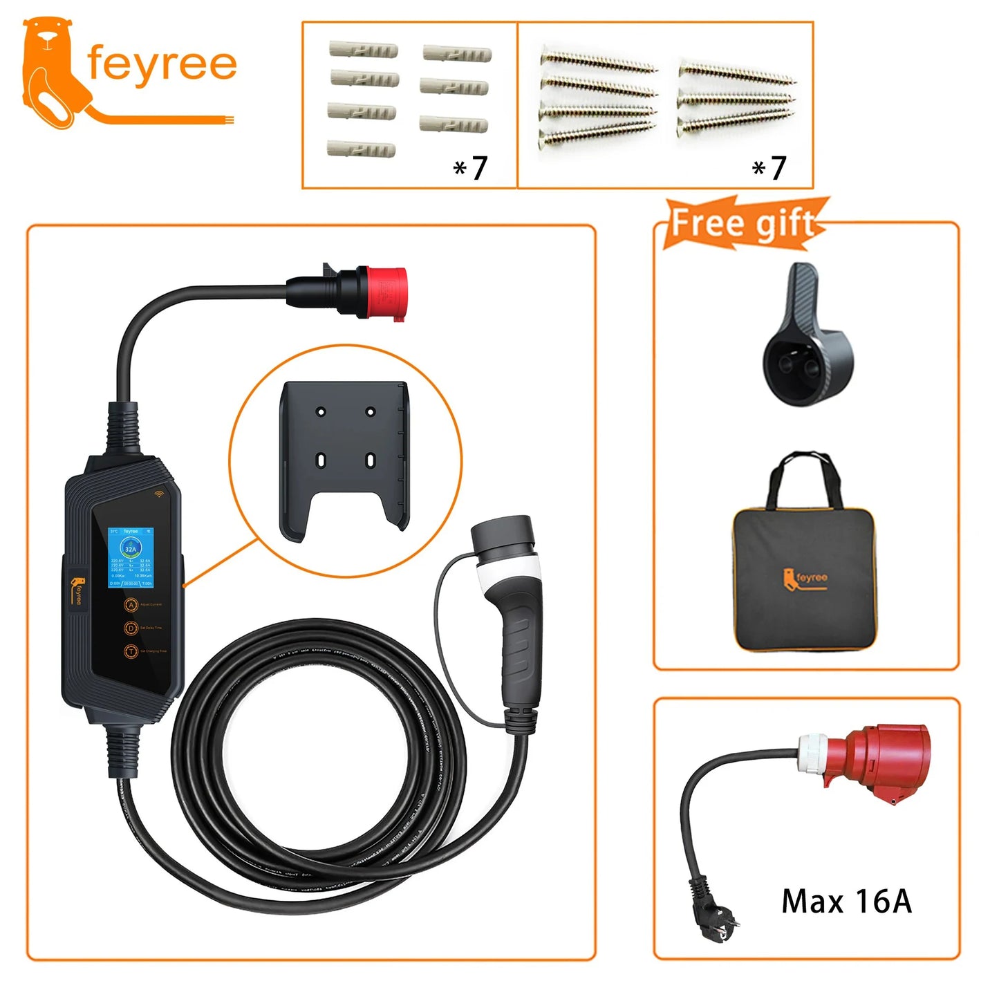 feyree EVSE Wallbox Type2 Cable EV Car Chager 7KW 11KW 22KW Electric Vehicle Charging Station with APP WIFI Control IEC62196-2