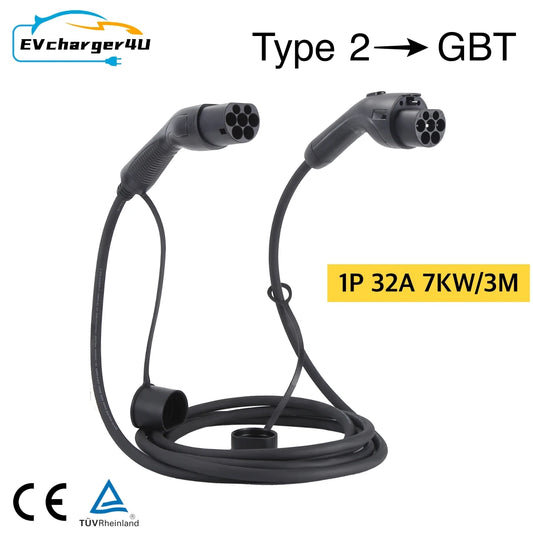 EVcharger4U EV Charging Cable Type 2 to GBT 1Phase 32A 7KW 3M Electric Vehicle Type2 Cord GB/T for Charger Station