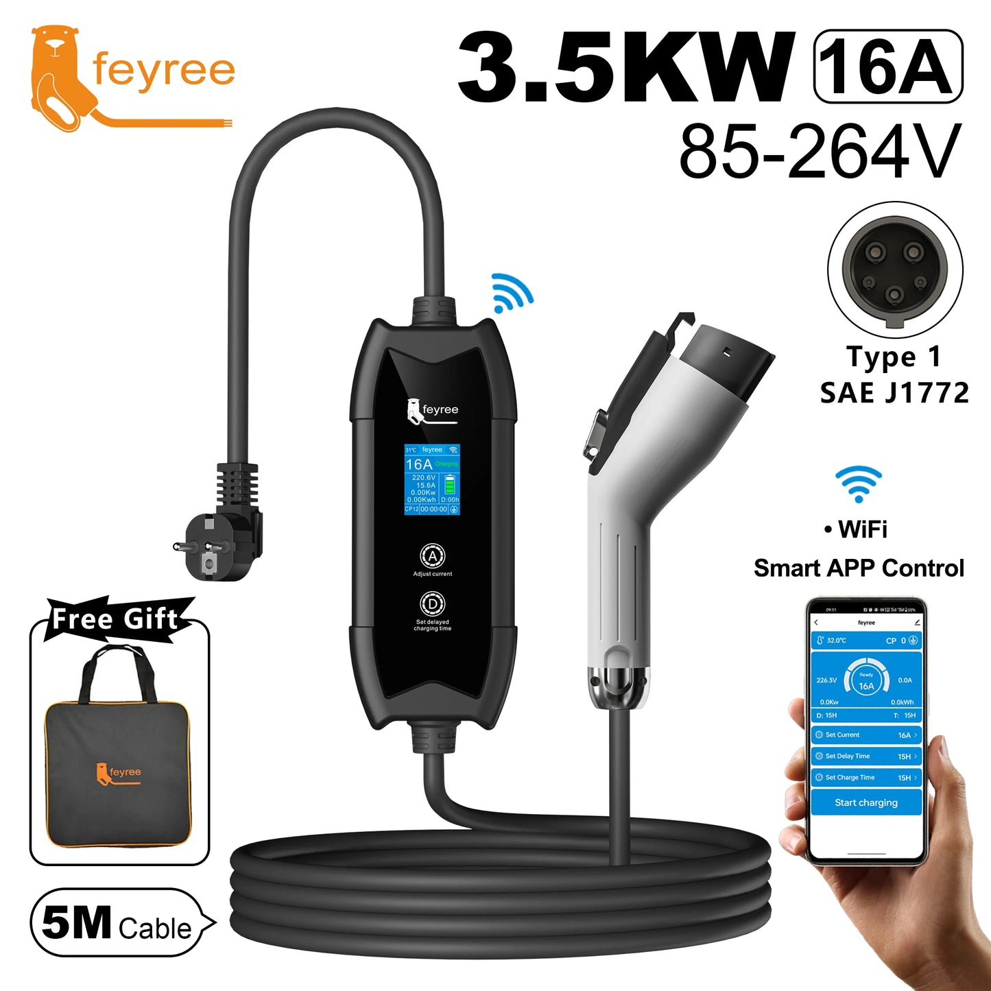 feyree Type1 Portable EV Charger 5m Cable with WIFI APP Control 16A 3.5KW Set Charging&DelayTime for EV Cars,Plug customizable
