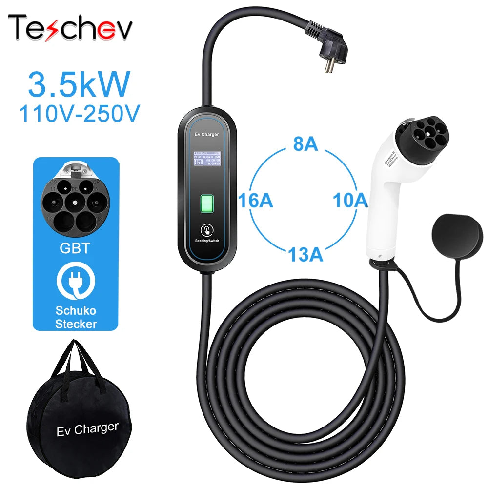 Teschev 110V 230V GBT EV Charger Electric Vehicle Charger Level 2 EVSE Charging Cable Wallbox Type 2 16A Car Charger