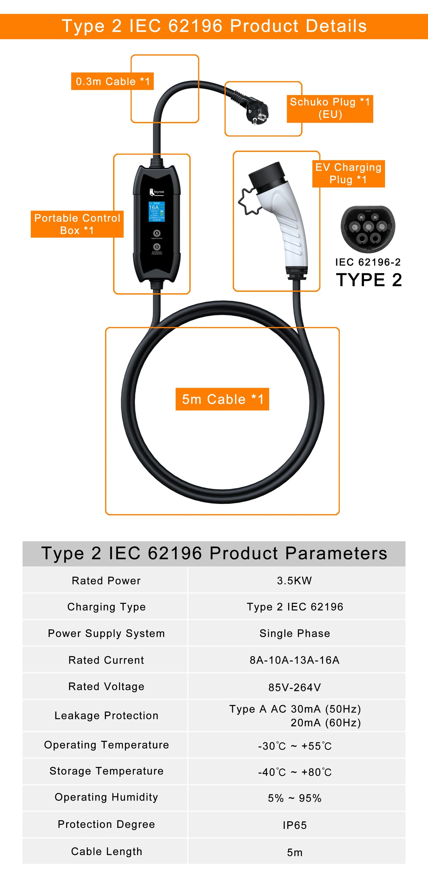 feyree EV Charger Type2 16A 3.5kW Portable Charging Box 5M Cable GBT Socket Type1 J1772 Adapter for Electric Vehicle Car Charger